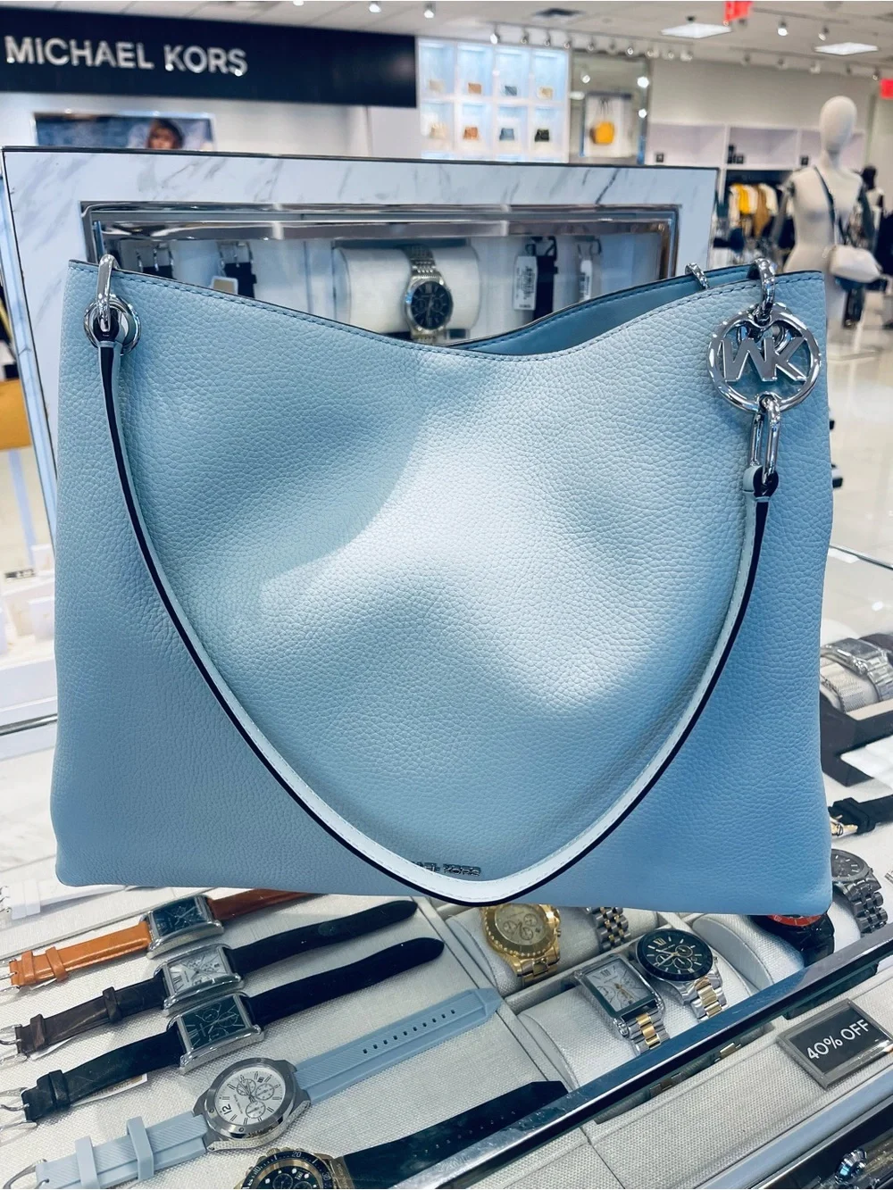 Michael Kors Christina Large Pebbled Leather Shoulder Tote Bag Pale Ocean  NWT